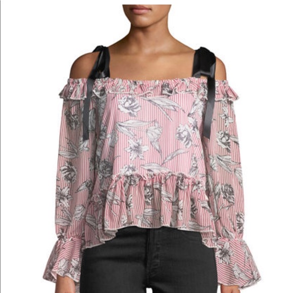 Neiman Marcus Tops - FREE GENERATION Satin Ribbon Cold-Shoulder Blouse